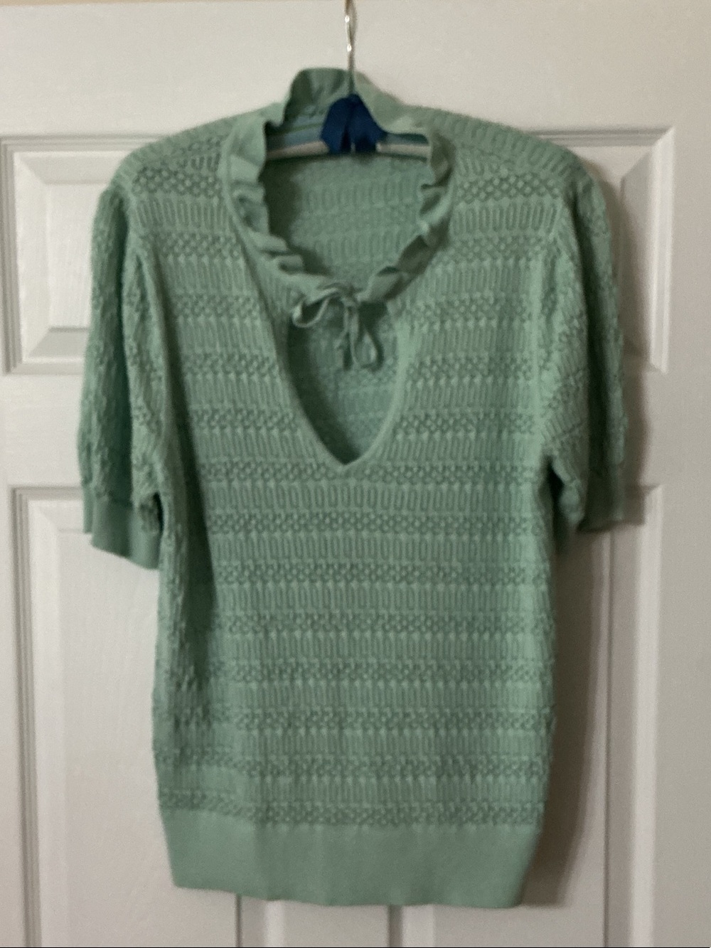 LOFT Mint Green Knit Ruffle Tie V-Neck Top